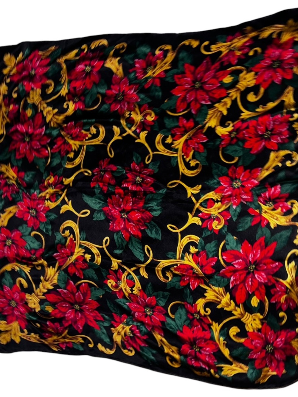 Bill Blass Vintage 100% Silk HOLIDAY red gold poinsettias floral scarf